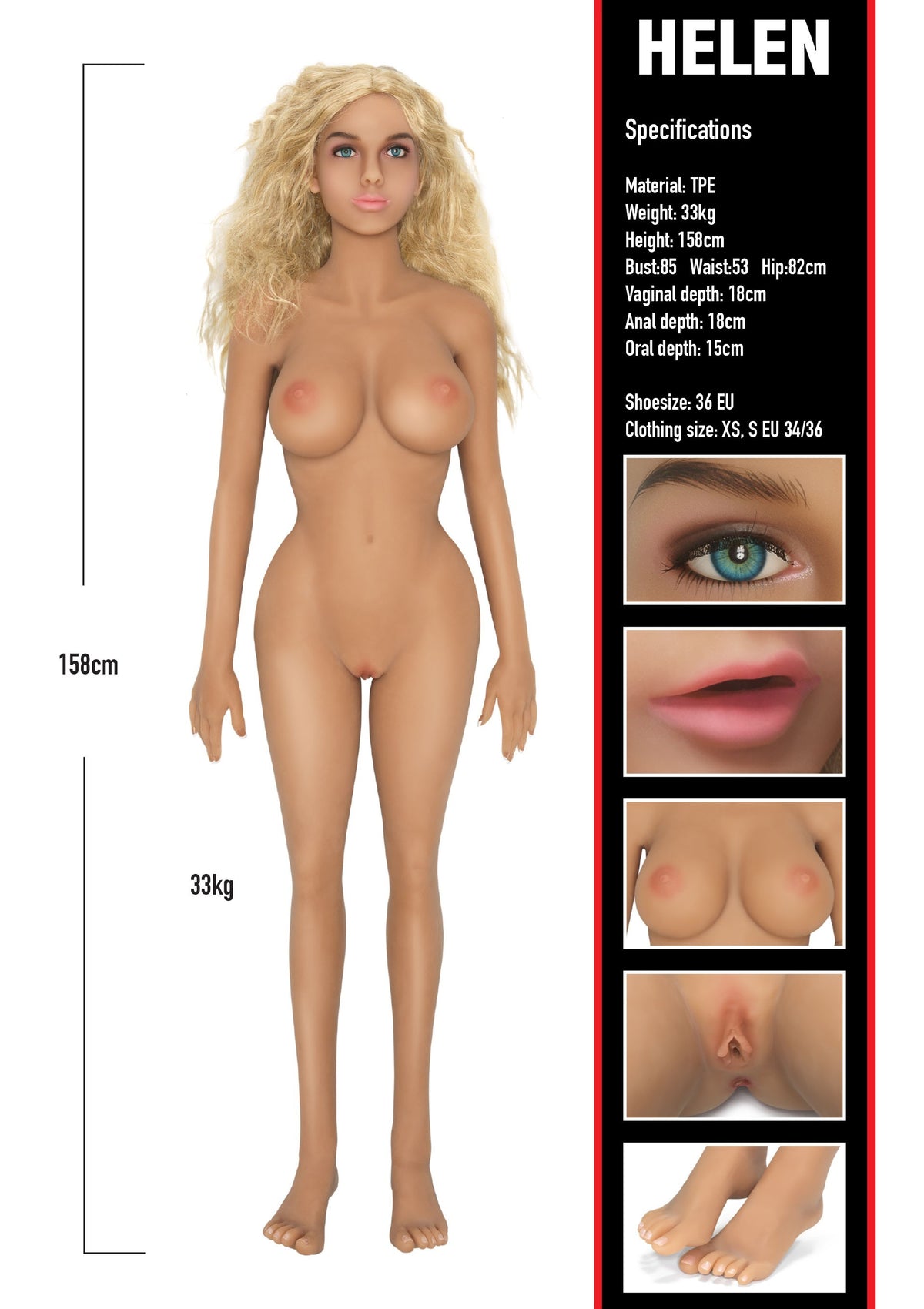 Bambola realistica in silicone non gonfiabile sexy doll adult con vagina ano babe Helen