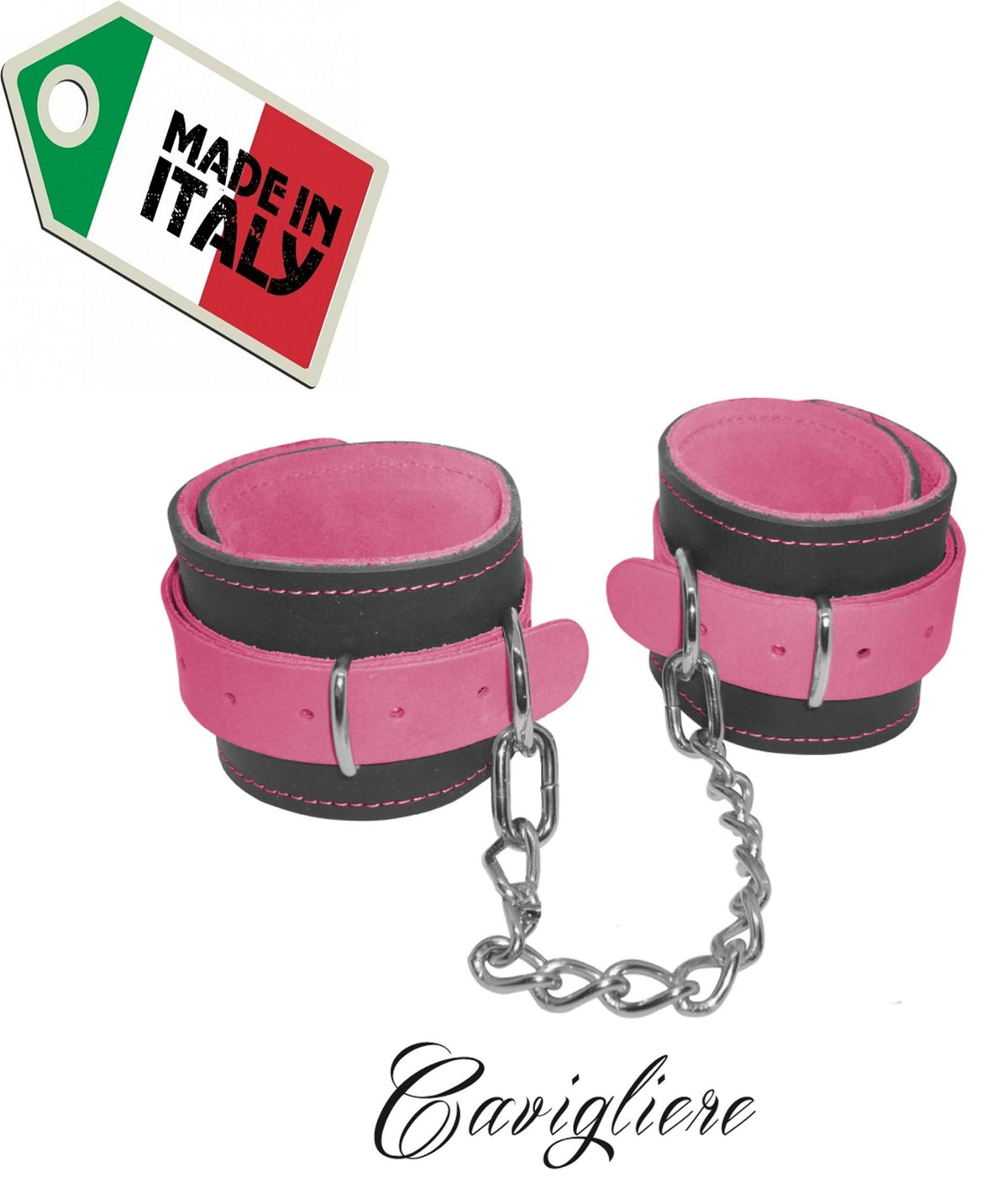 cavigliere bondage con catena acciaio in vera pelle pink fluo